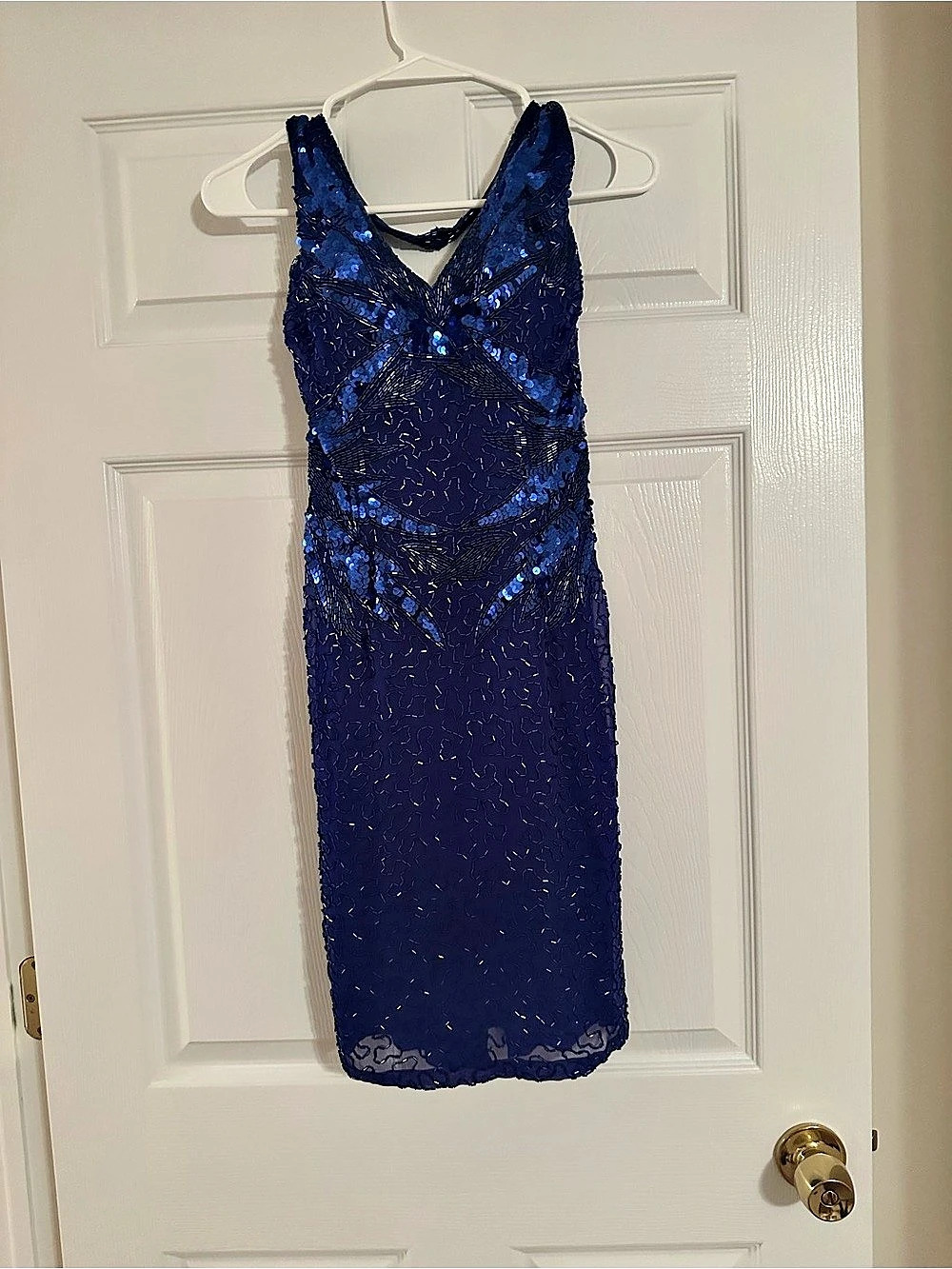 Vintage 90s Nite Line Royal Blue Hand Beaded Silk Halter Dress Size 4 (runs smal